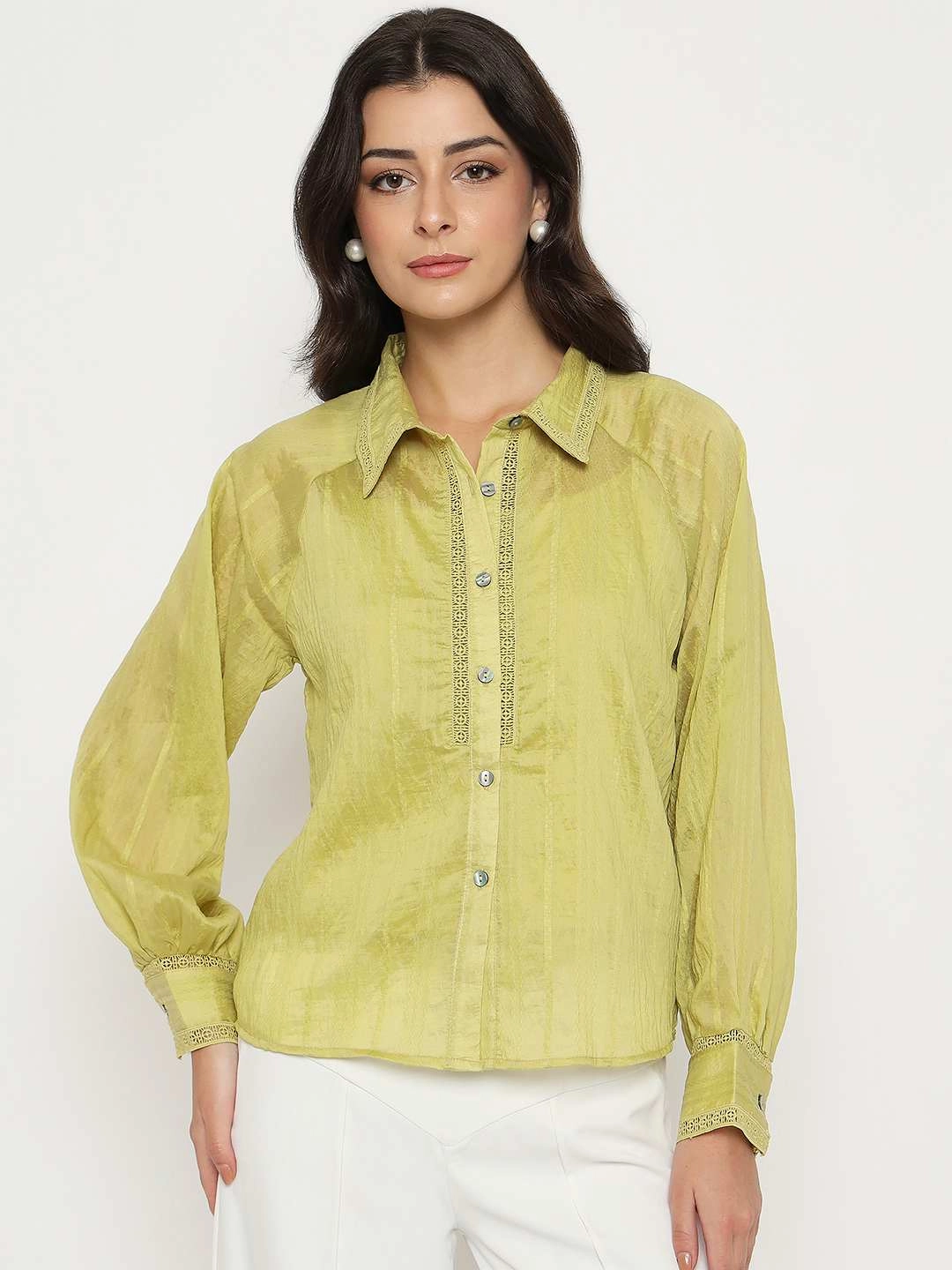 Shimmer Effect Madame Textured Nylon Blend Cyber Lime Full Sleeve Shirt