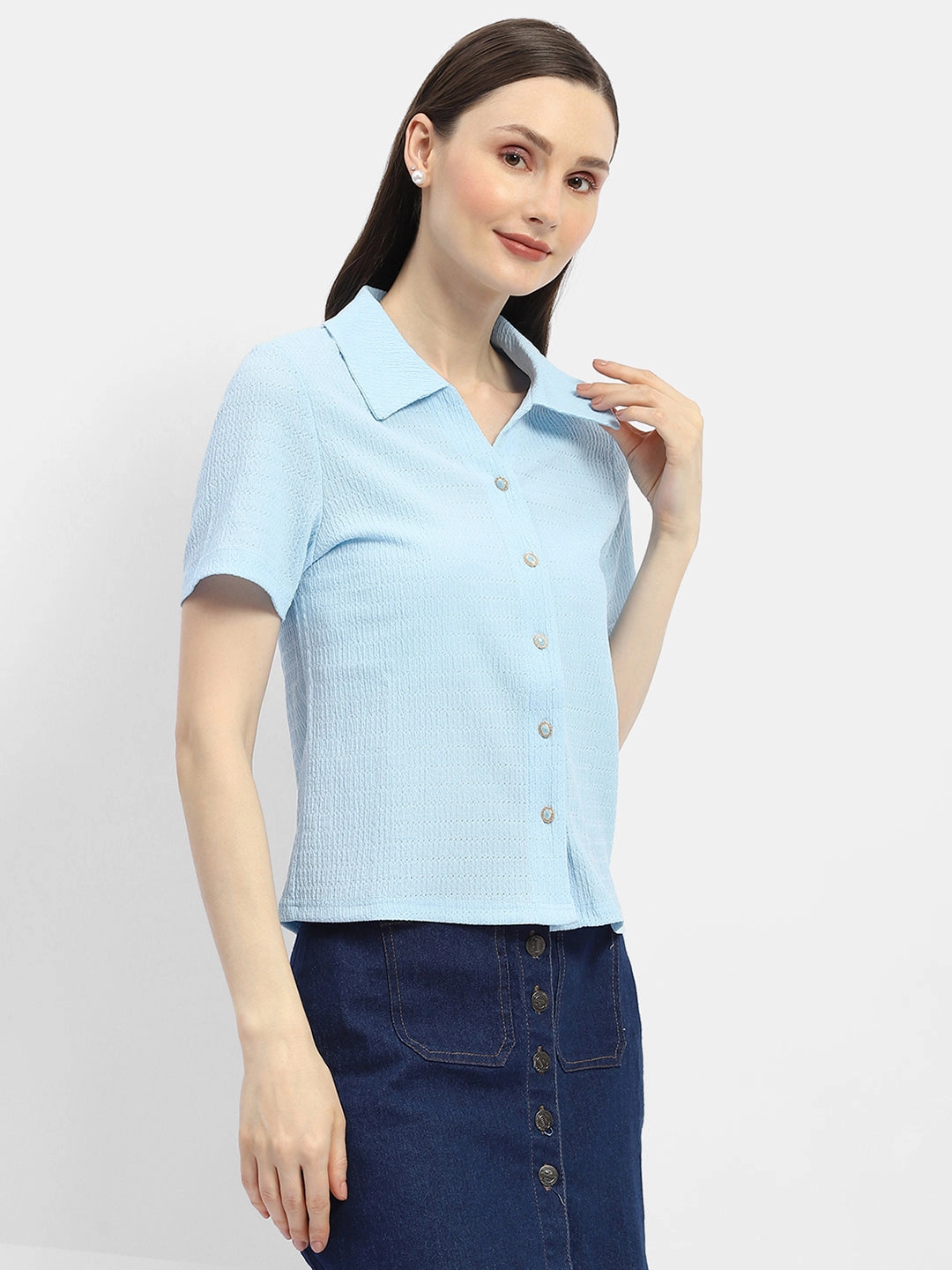 Wrinkle Resistant Material Comfortable fit Madame Textured Sky Blue Half Sleeve Shirt