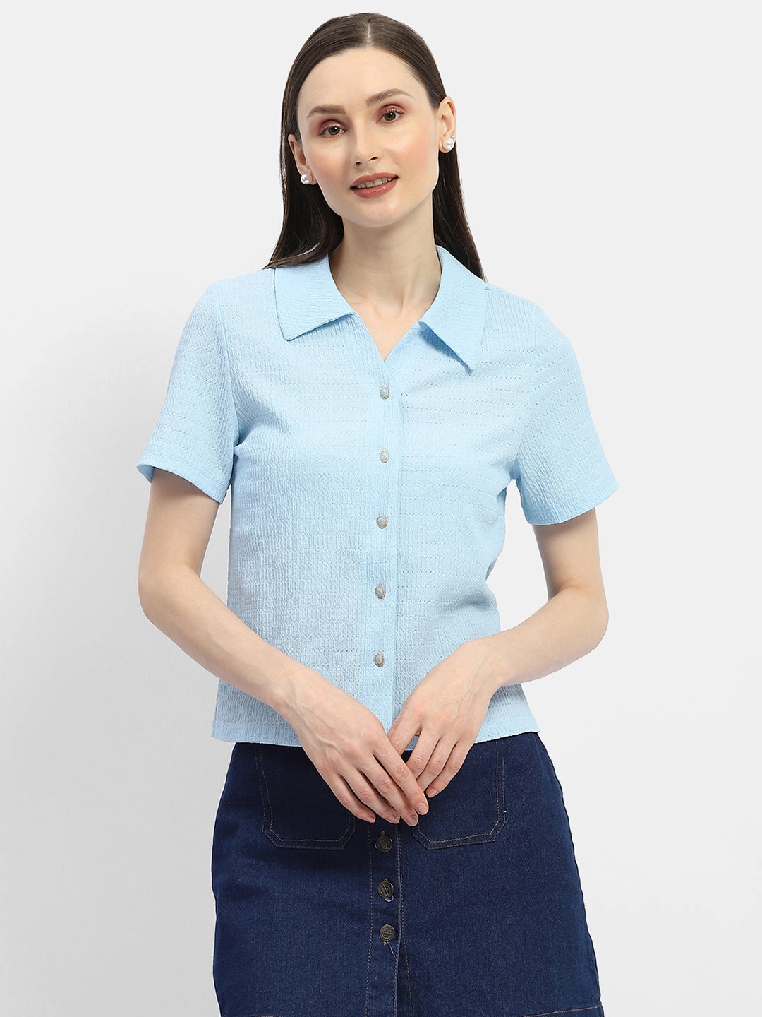 Madame Textured Sky Blue Half Sleeve Shirt Country Escape Tailored Cuffs