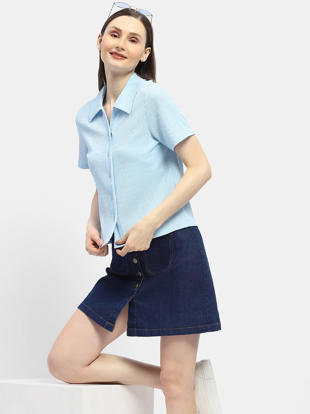 Madame Textured Sky Blue Half Sleeve Shirt Trendy Fit