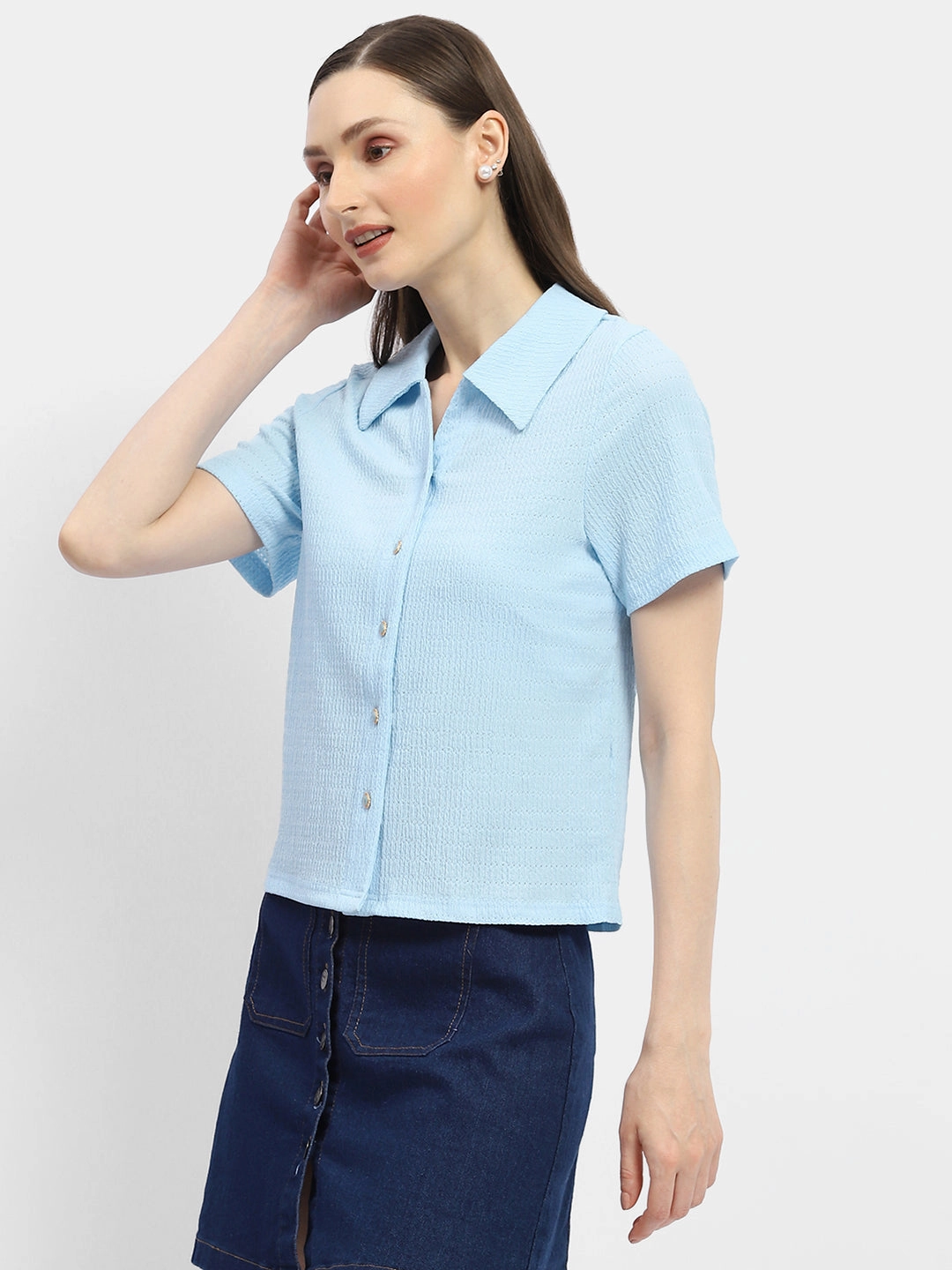 Quick Release Placket Madame Textured Sky Blue Half Sleeve Shirt
