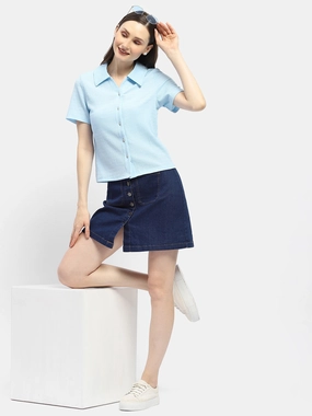 Madame Textured Sky Blue Half Sleeve Shirt Modern Appeal Neutral Toned Stitching