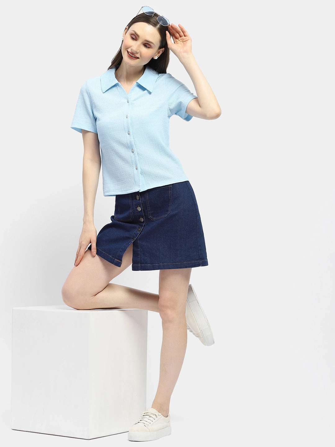 Madame Textured Sky Blue Half Sleeve Shirt Modern Appeal Neutral Toned Stitching