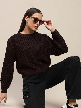 Madame Textured Solid Brown Full Sleeve Sweater Breathable Comfort