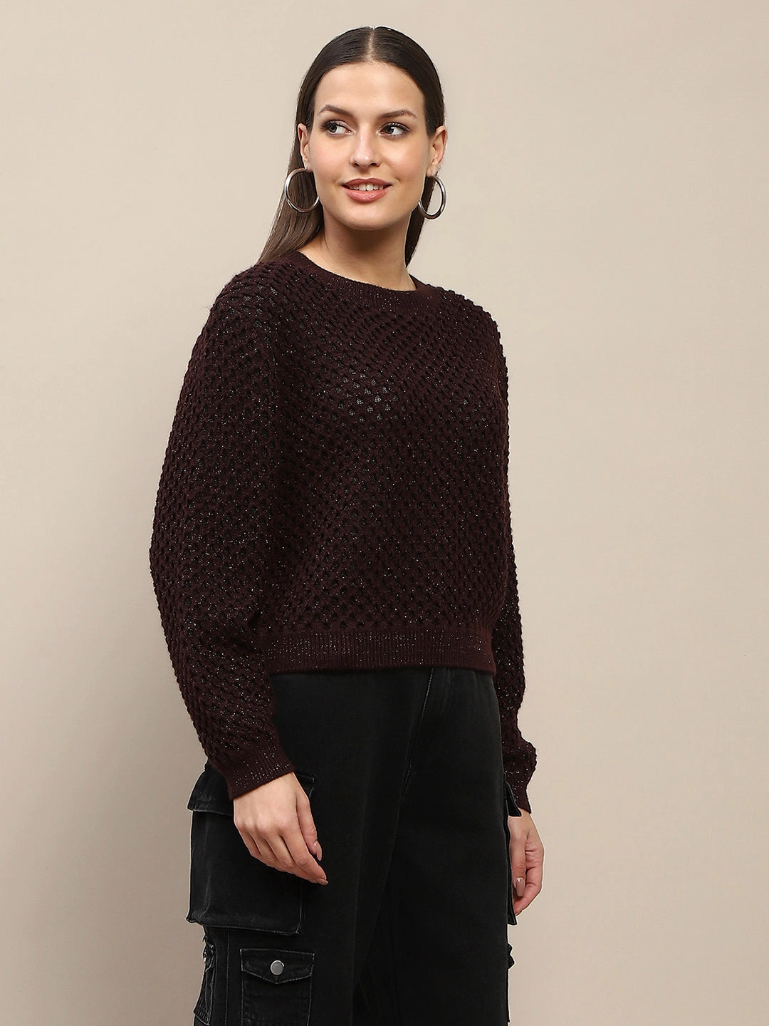 Madame Textured Solid Brown Full Sleeve Sweater Cashmere Blend Essential Comfort
