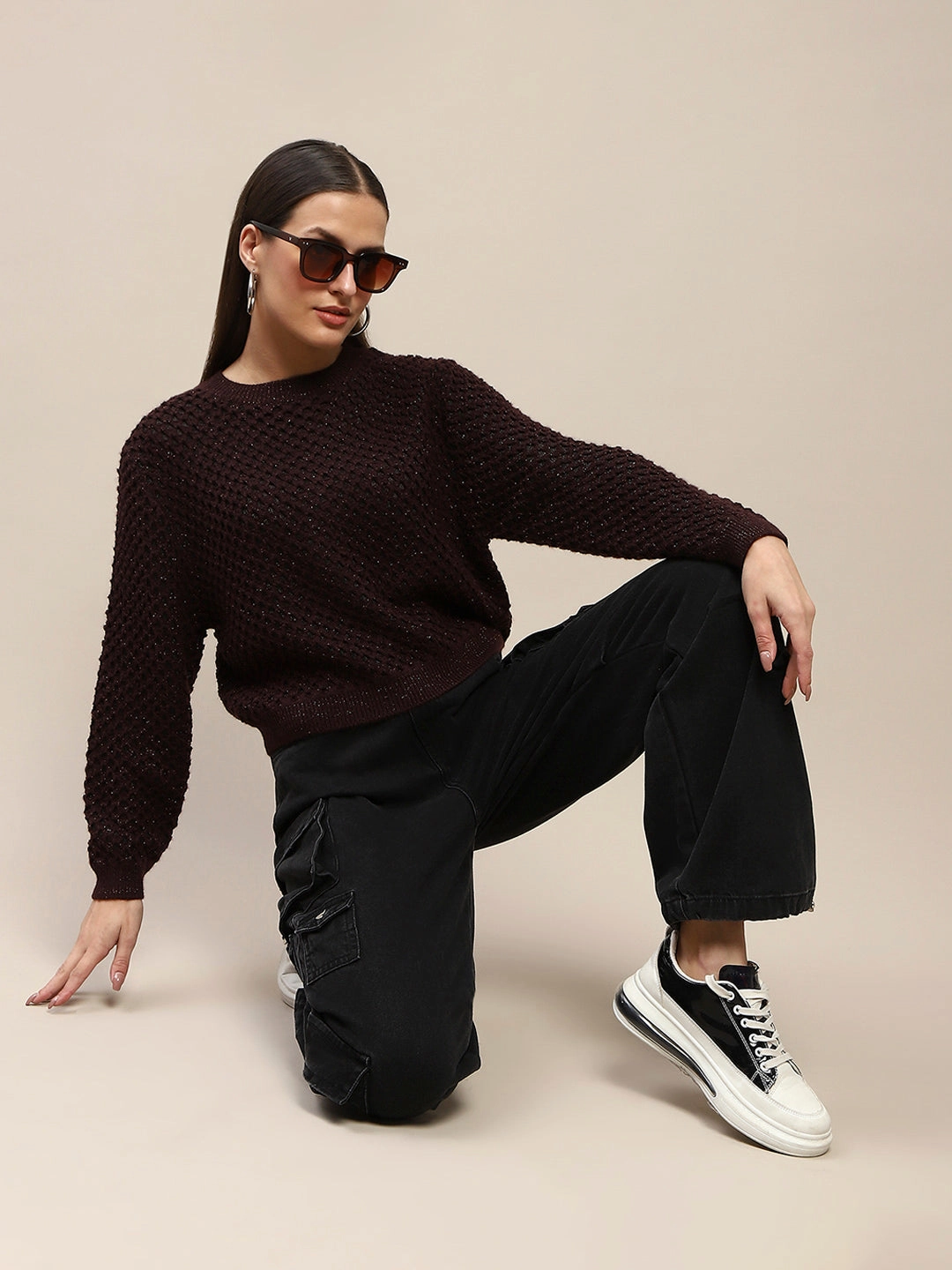 Madame Textured Solid Brown Full Sleeve Sweater Light Wear