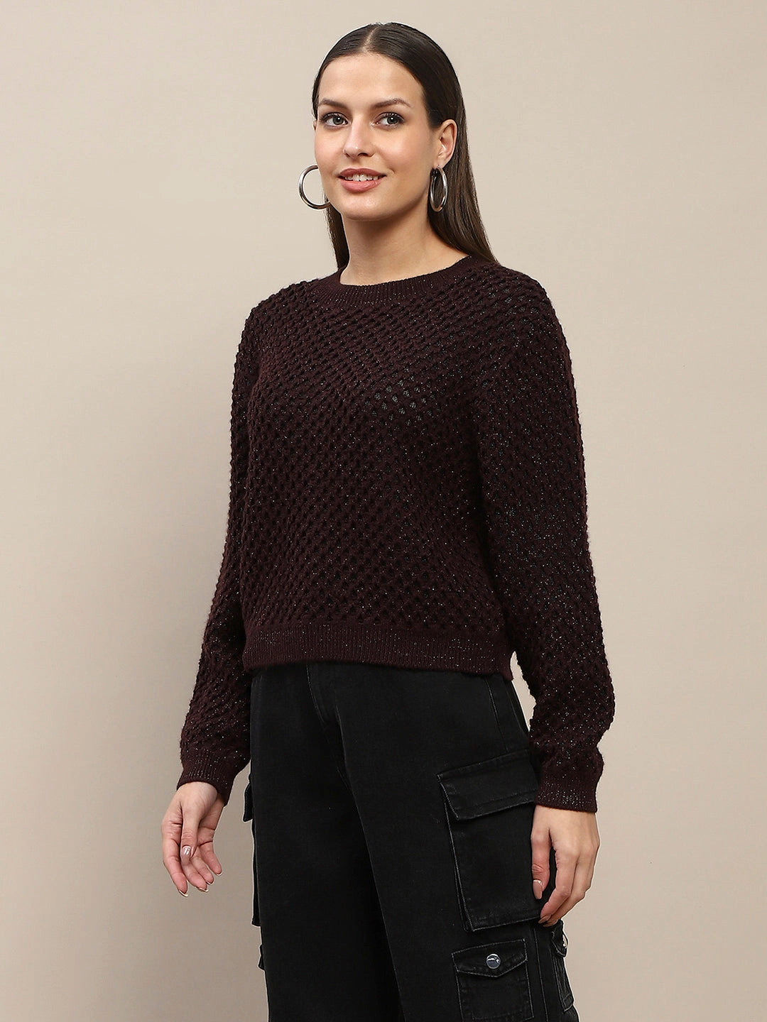 Madame Textured Solid Brown Full Sleeve Sweater Versatile Stretch