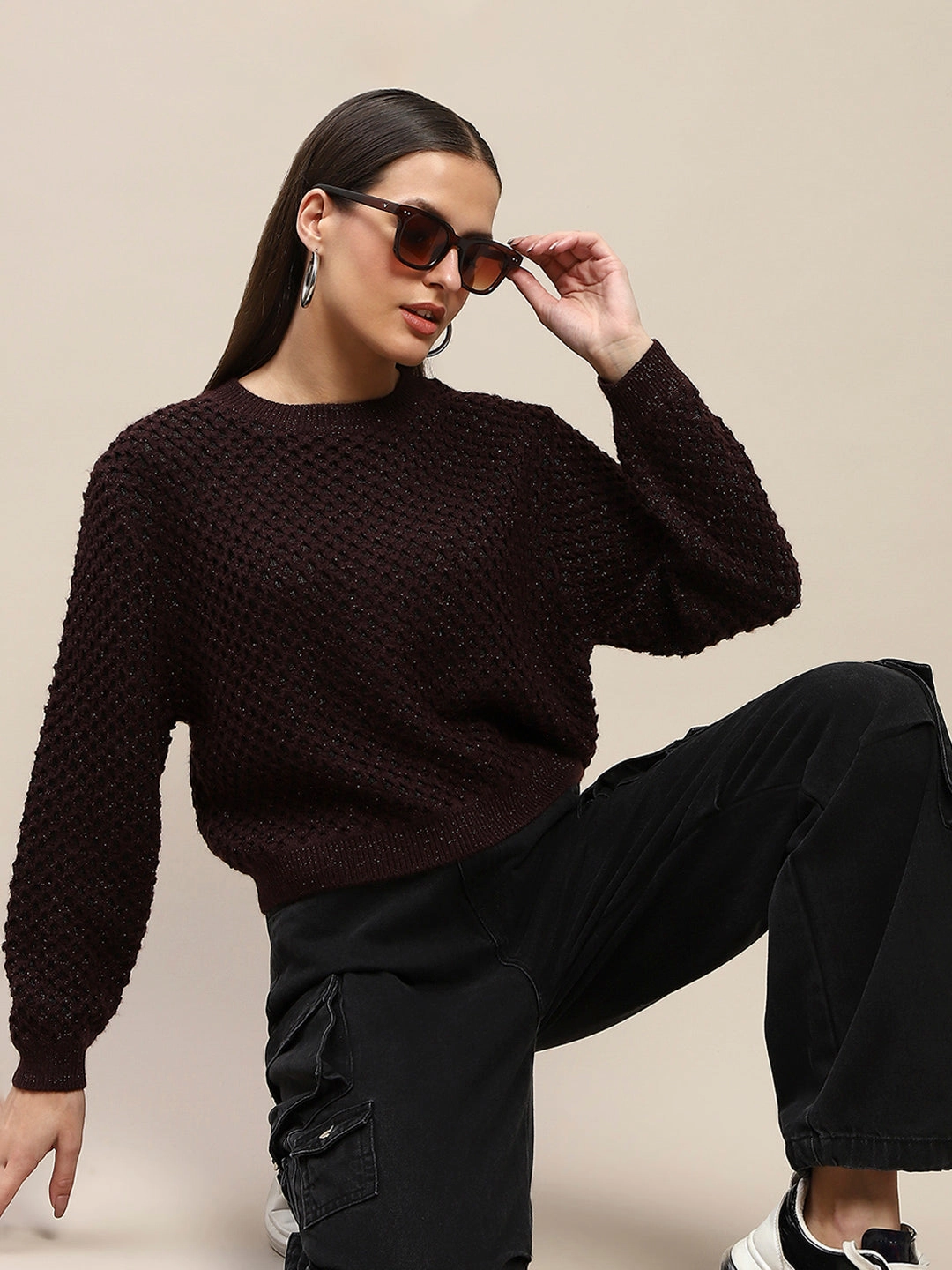Madame Textured Solid Brown Full Sleeve Sweater Breathable Comfort