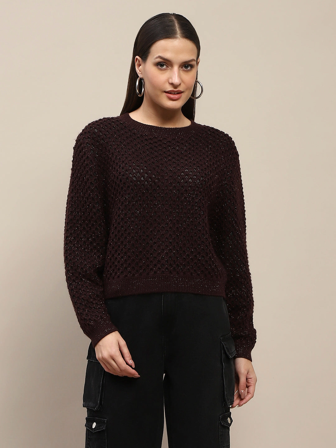 Sleek Stretch Knit Apparel Madame Textured Solid Brown Full Sleeve Sweater