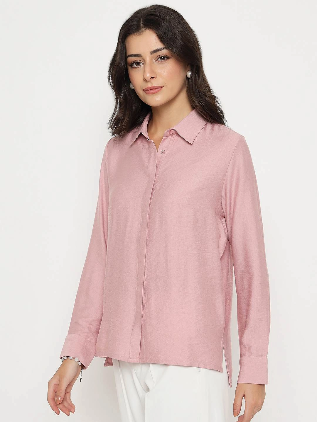 Madame Textured Solid Pink Rayon Blend Shirt Stylish Design