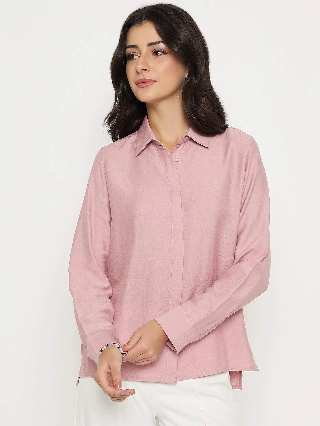 Year-Round Favorite Madame Textured Solid Pink Rayon Blend Shirt