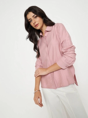 Madame Textured Solid Pink Rayon Blend Shirt Classic Collar Solid Hue