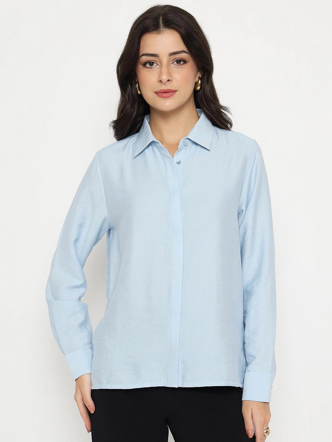 Madame Textured Solid Sky Blue Rayon Blend Shirt Vibrant color Timeless elegance