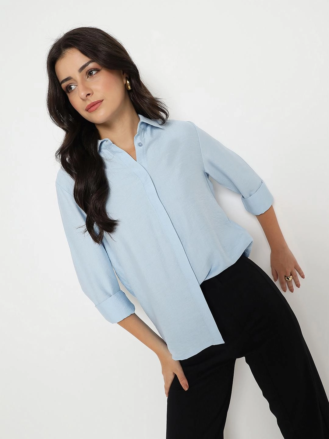 Soft Wear Madame Textured Solid Sky Blue Rayon Blend Shirt