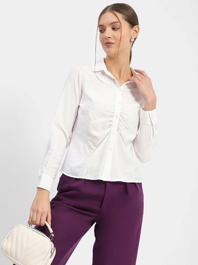 Winter Layering Madame Textured White Ruched Shirt