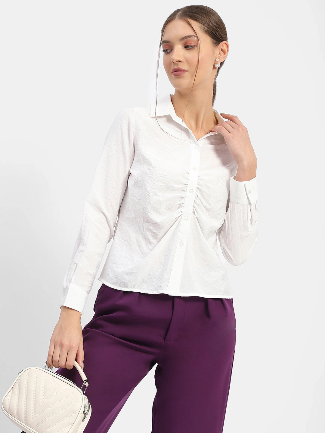 Winter Layering Madame Textured White Ruched Shirt