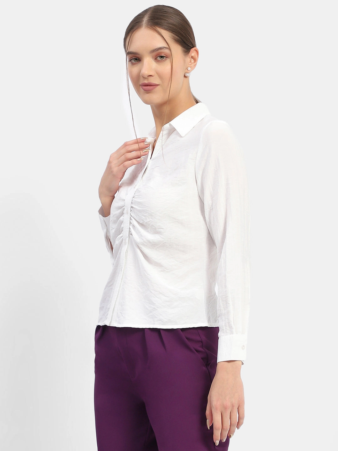 Fashionable Pick Madame Textured White Ruched Shirt