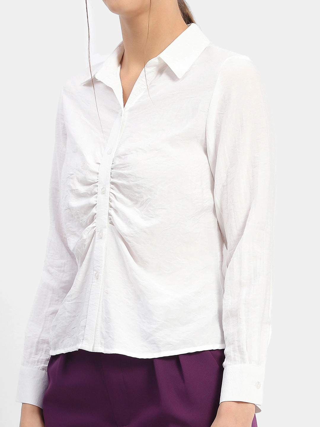 Madame Textured White Ruched Shirt Flex Fit Collar