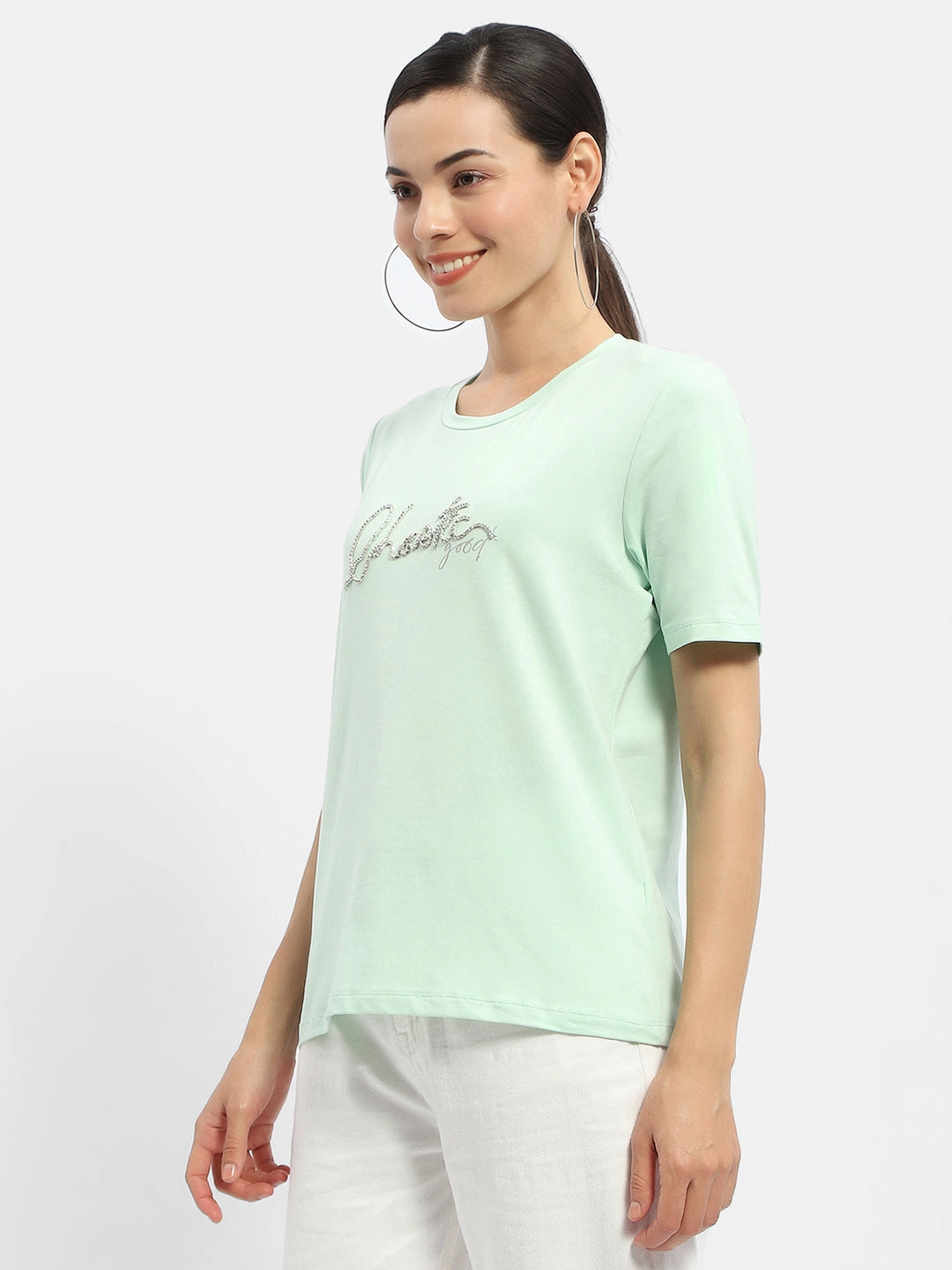 Abrasion Resistant Fabric Madame Typography Mint Crew Neck T-Shirt