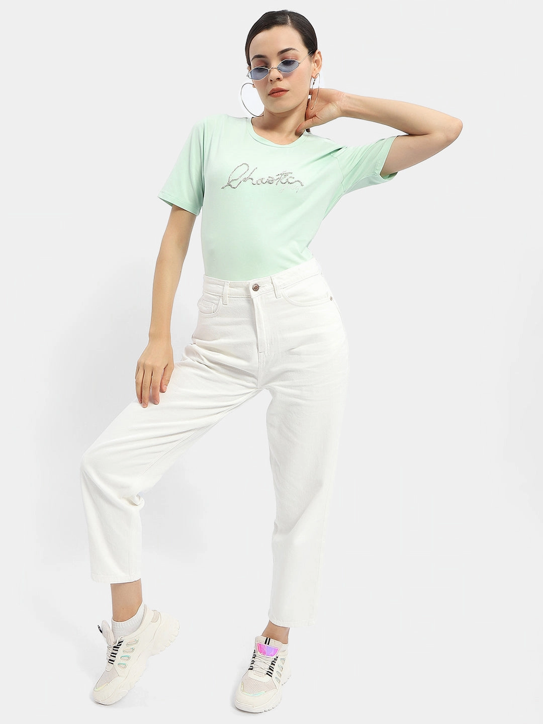 Madame Typography Mint Crew Neck T-Shirt Modern Fit Adult sophistication