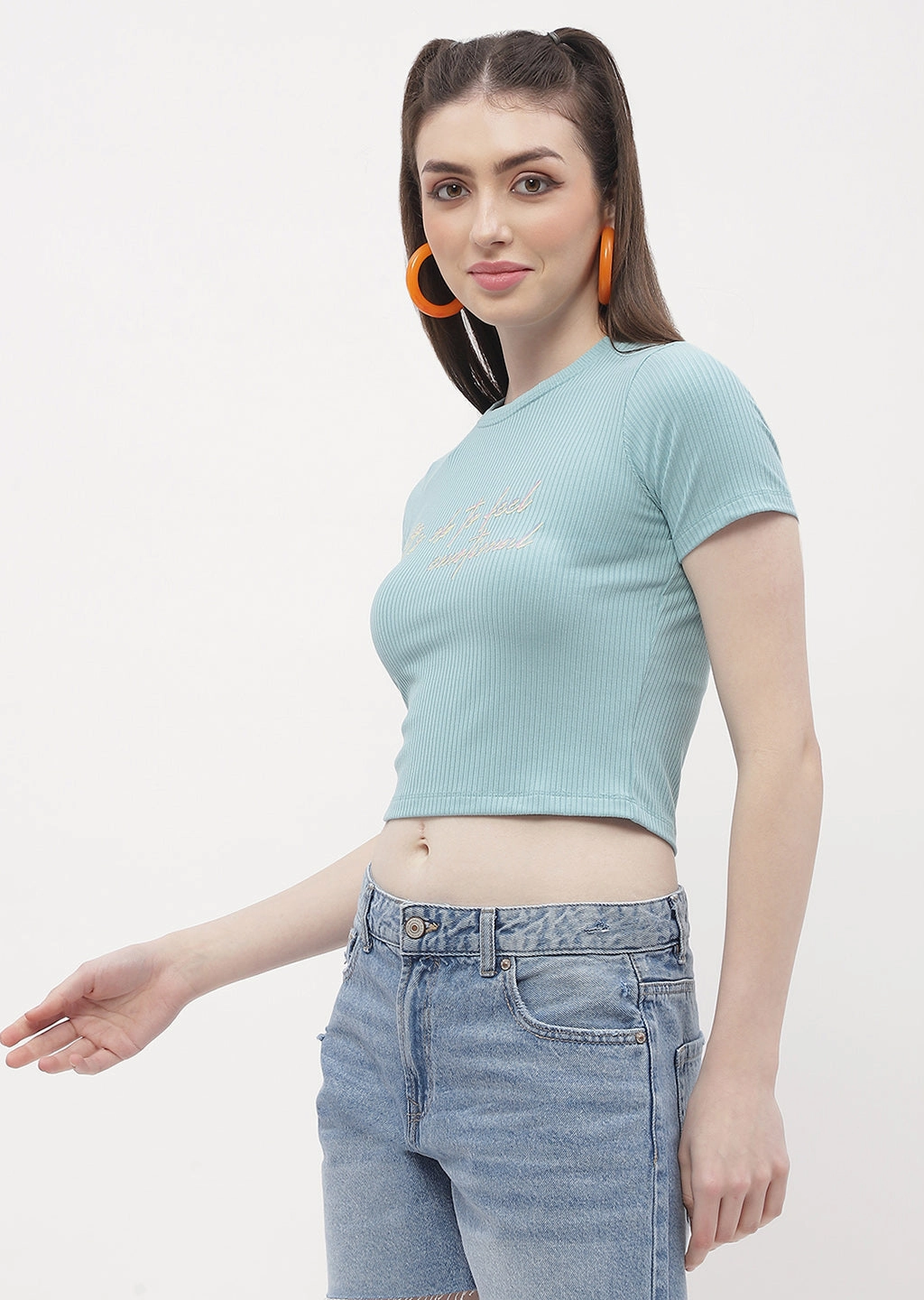 Madame Typography Powder Blue Crop T-Shirt tall size Fashionable Wear