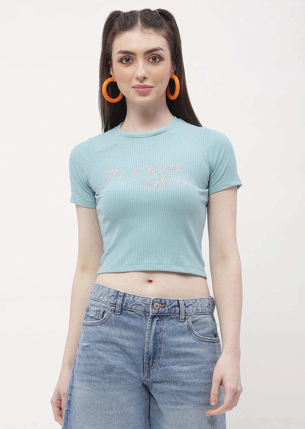Madame Typography Powder Blue Crop T-Shirt Organic Cotton Construction