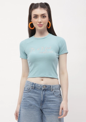 Madame Typography Powder Blue Crop T-Shirt Organic Cotton Construction