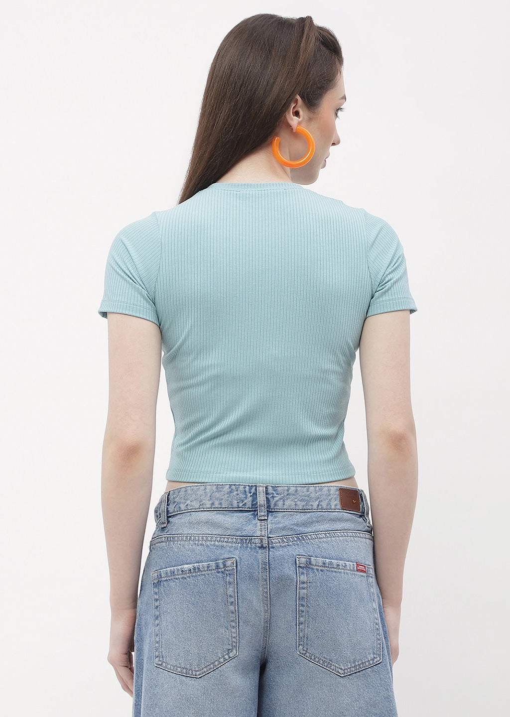 Madame Typography Powder Blue Crop T-Shirt Casual Flex Fit