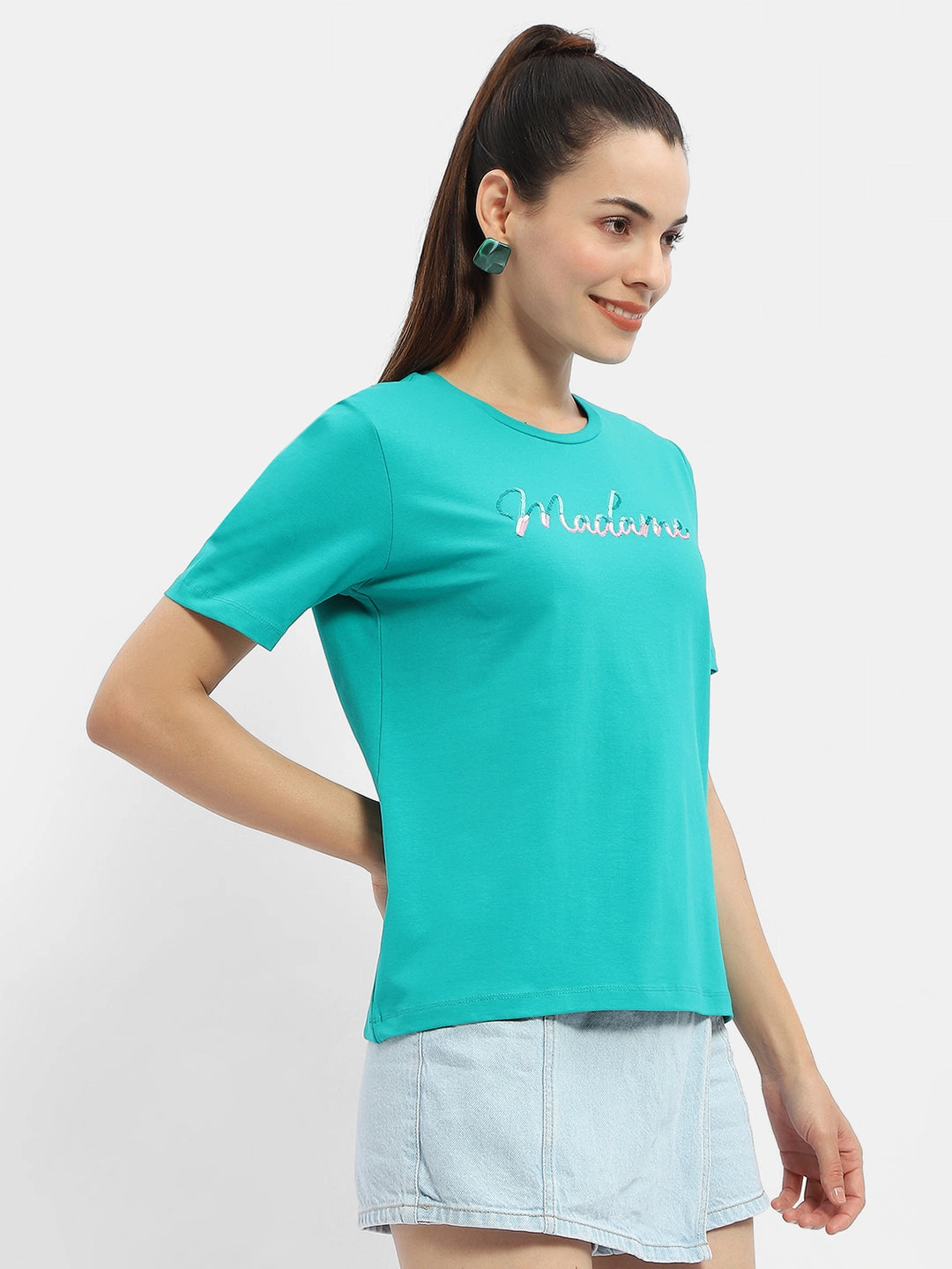 Comfortable clothing Chic and Soft Madame Typography Sea Green Crew Neck T-Shirt