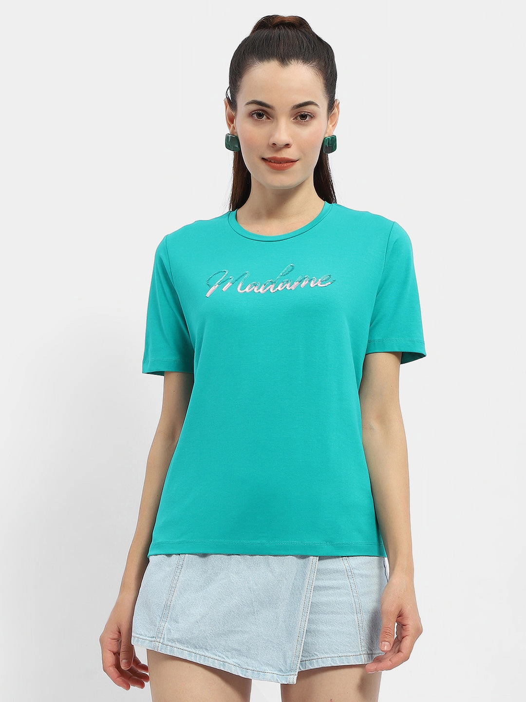Madame Typography Sea Green Crew Neck T-Shirt Adaptable