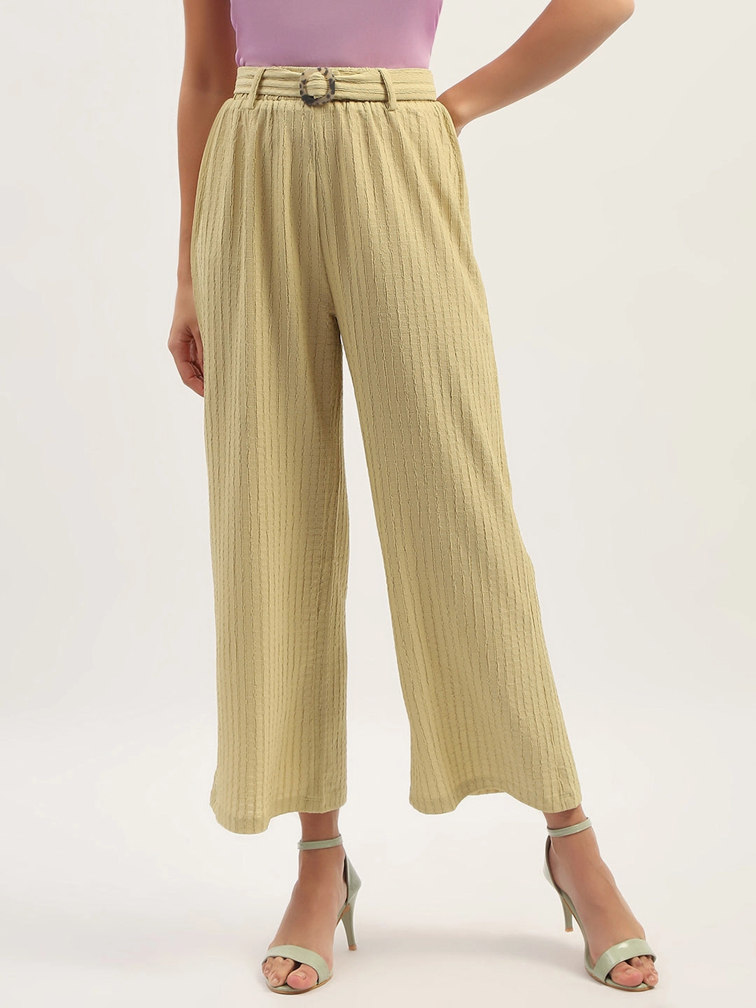 Comfy Style Tight Waist Madame Waist Belted Tapered Fit Dusty Green Trousers