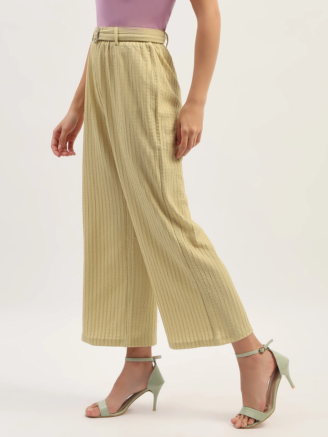 Madame Waist Belted Tapered Fit Dusty Green Trousers Simple Cut Mesh Lined