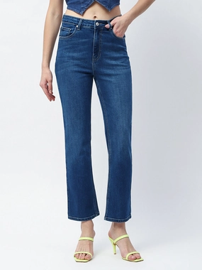 Madame Whiskered Straight Fit Dark Blue Cotton Blend Jeans Relaxed Fit Design