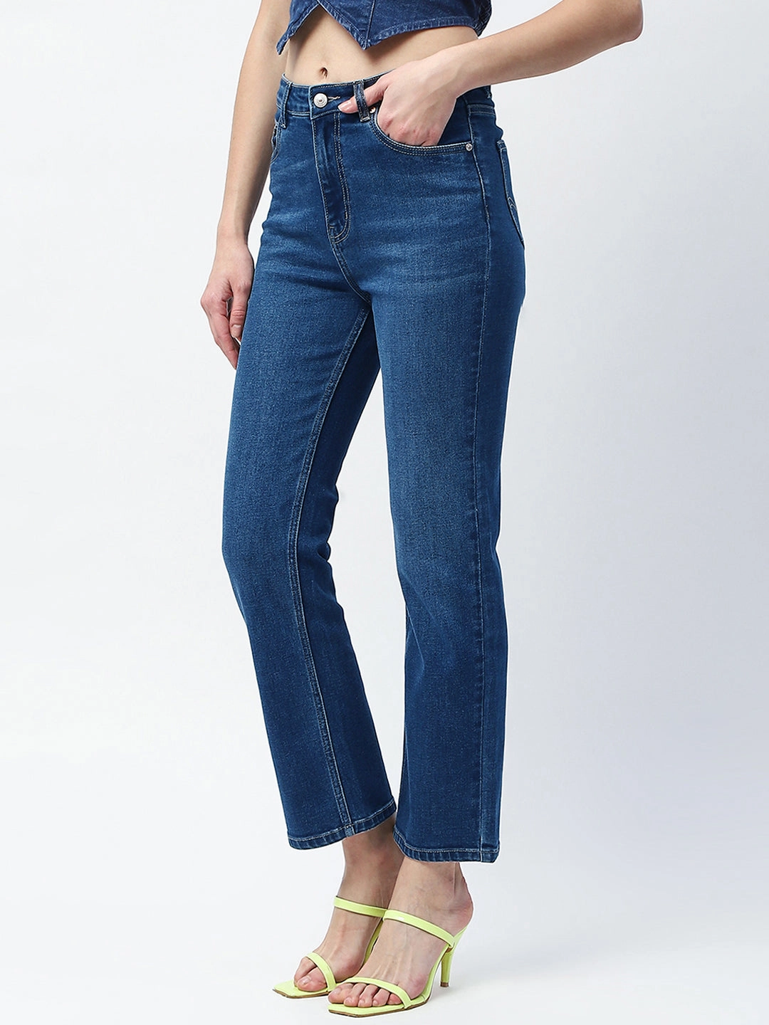 Madame Whiskered Straight Fit Dark Blue Cotton Blend Jeans Ready to Wear