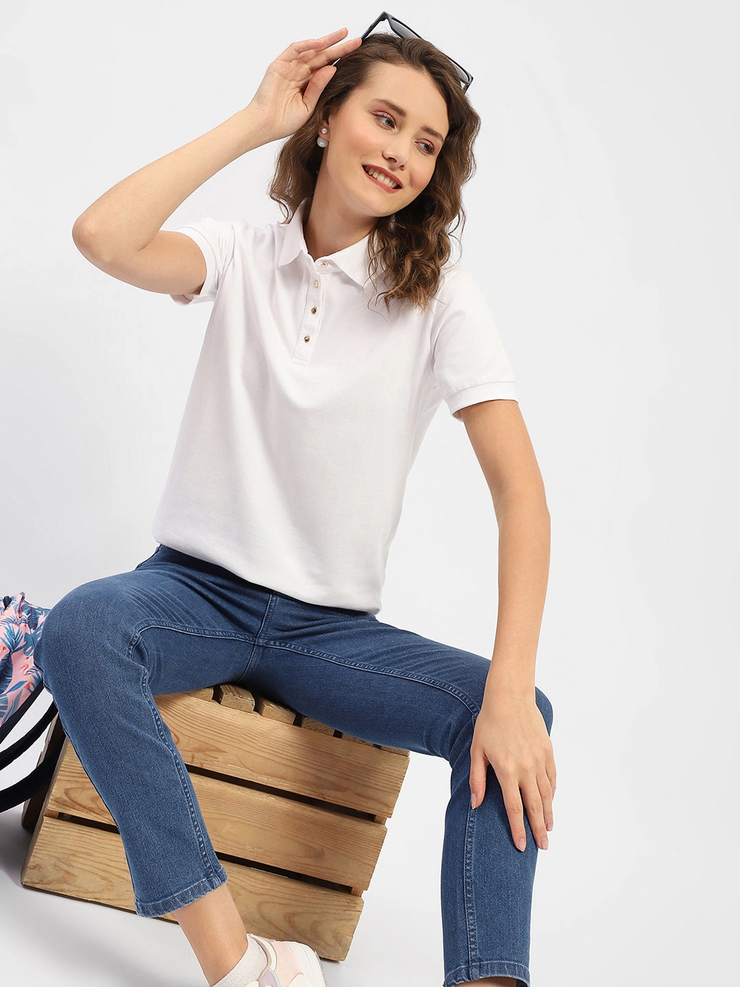 Street Casual Look Madame White Polo Neck Solid Cotton T-Shirt
