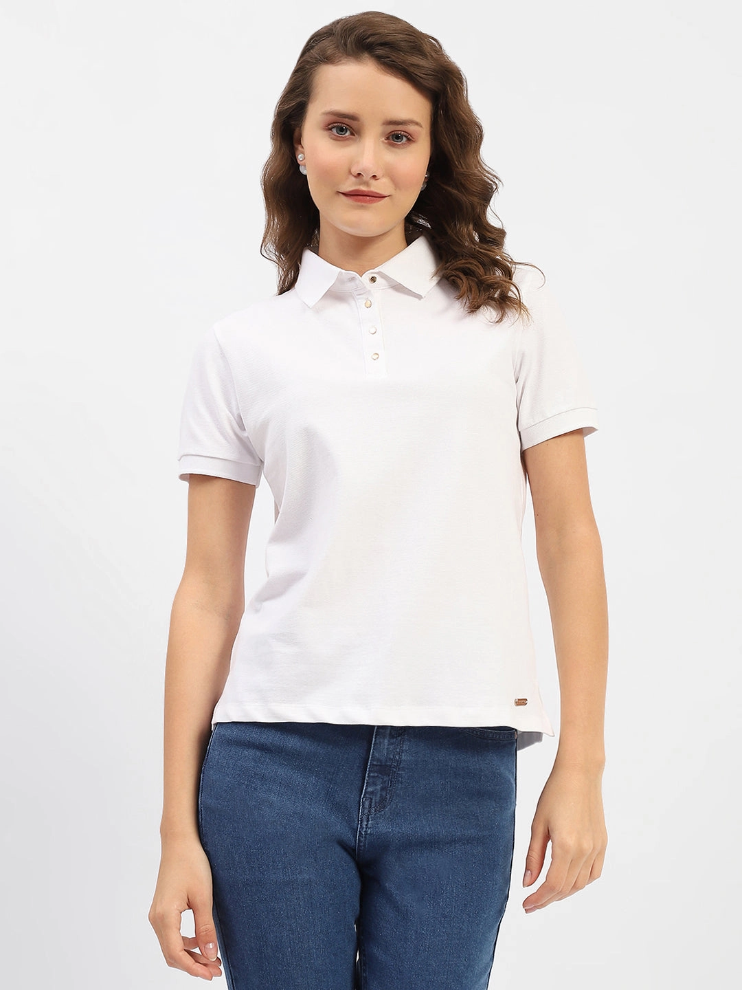 Oeko Tex Certified Cool Layer Wear Madame White Polo Neck Solid Cotton T-Shirt
