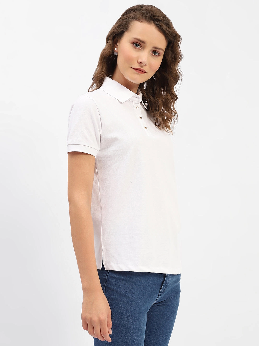 Madame White Polo Neck Solid Cotton T-Shirt Breathable Stretch Active Trend Look