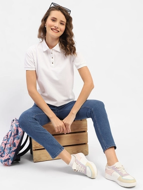Madame White Polo Neck Solid Cotton T-Shirt Quick Fit Wear Comfy Apparel