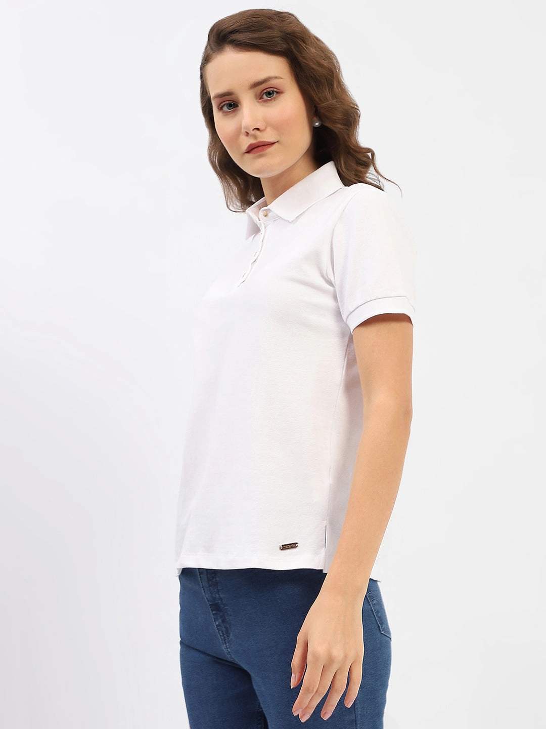 Organic Cotton Blend Madame White Polo Neck Solid Cotton T-Shirt