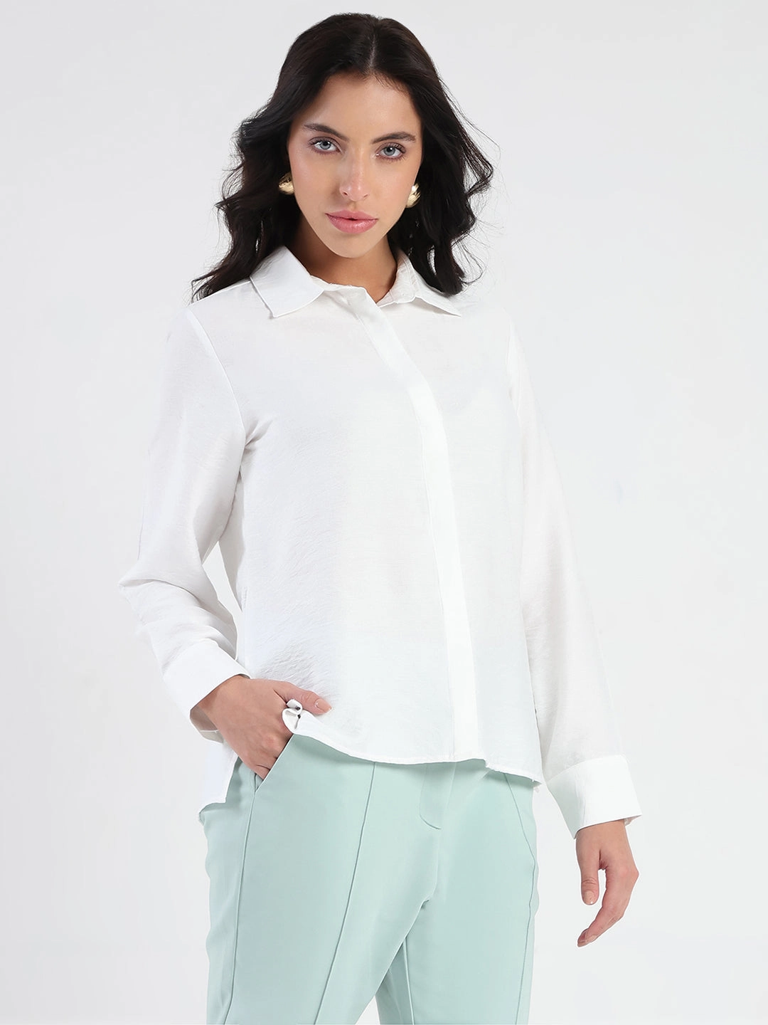 Chilly Weather Wear Madame White Rayon Blend Shirt