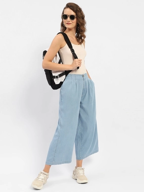 Vintage Inspired Weave Madame Wide Leg Cropped Light Blue Denim