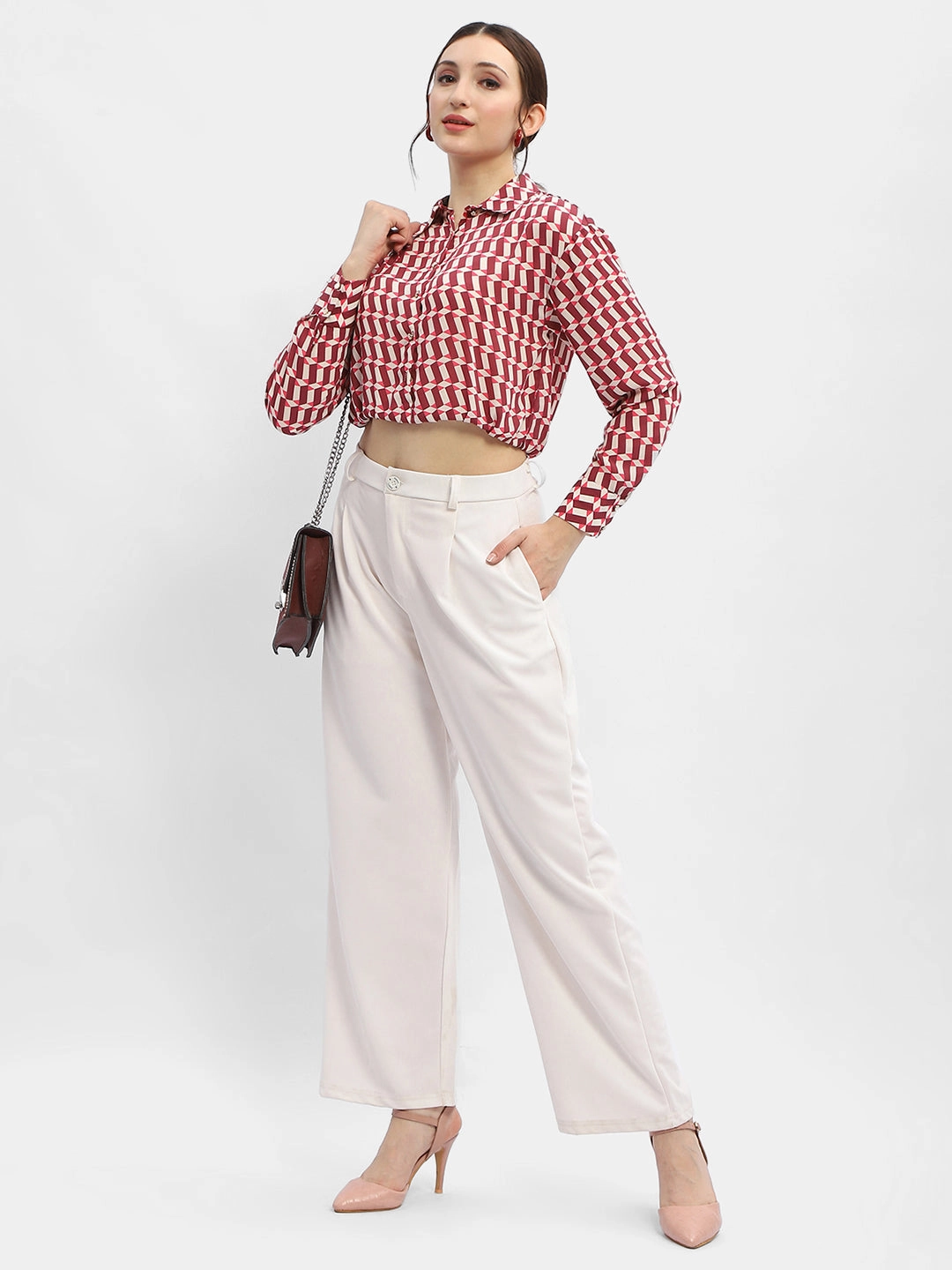 Madame Geometric Print Maroon Crop Shirt Smart Casual