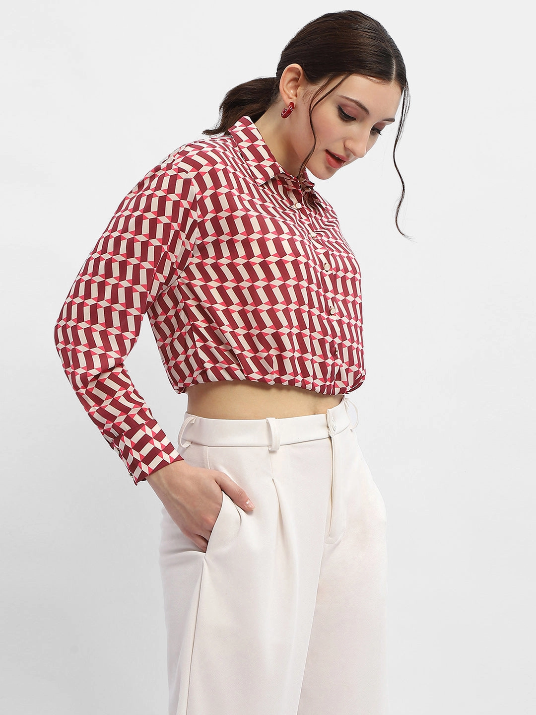 Madame Geometric Print Maroon Crop Shirt Mix-And-Match Essential Layer