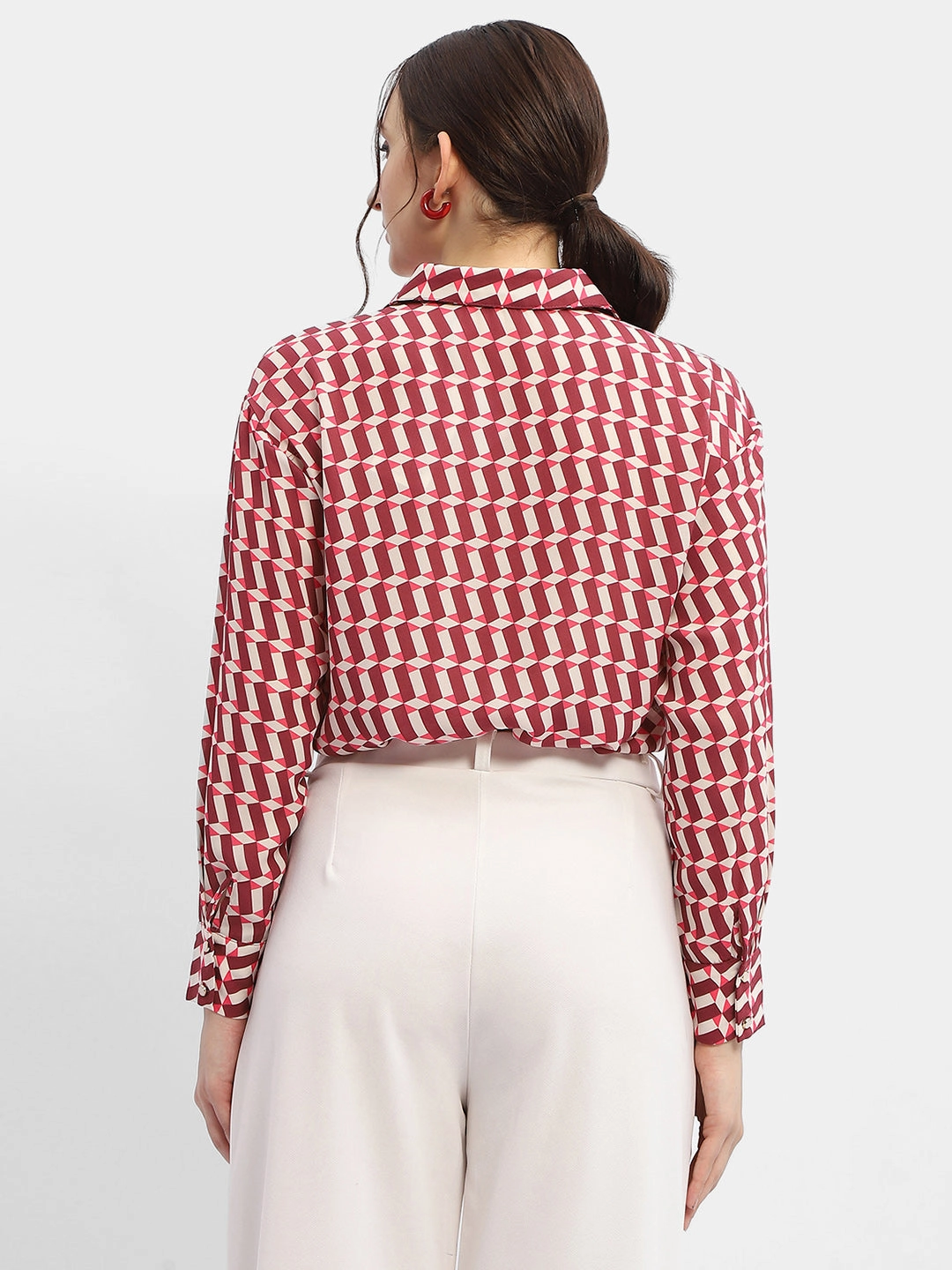 Timeless Comfort Wrinkle Resistant Madame Geometric Print Maroon Crop Shirt