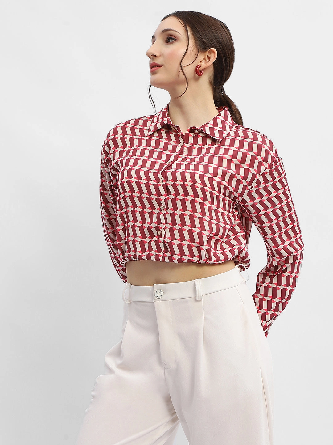Button-up Non Iron Fabric Madame Geometric Print Maroon Crop Shirt