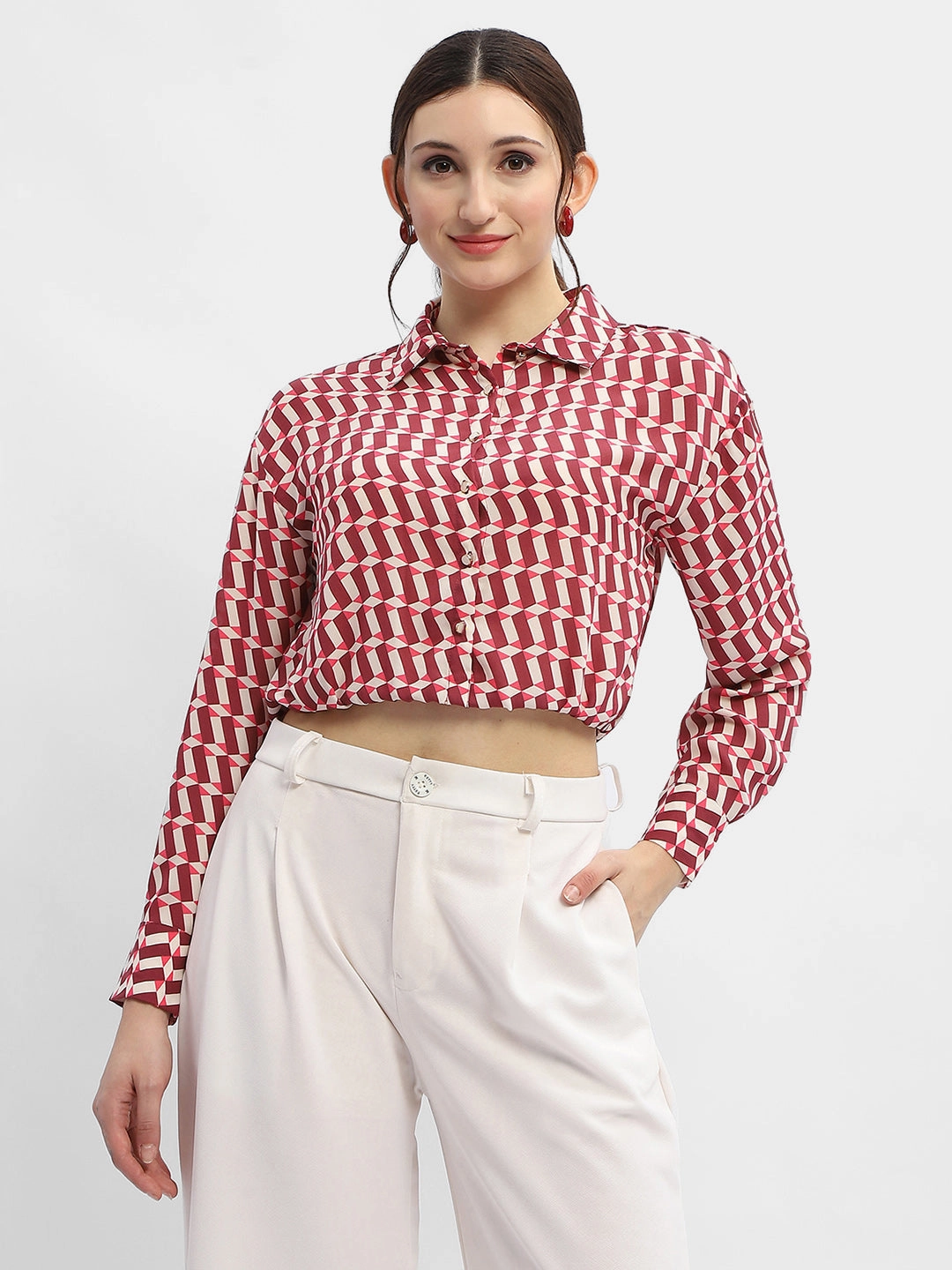 Madame Geometric Print Maroon Crop Shirt Glossy Texture Neutral Colors