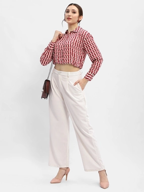 Madame Geometric Print Maroon Crop Shirt Smart Casual