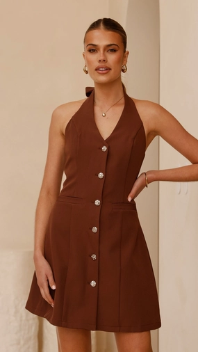 Calm Tone Maia Halter Neck Mini Dress - Brown