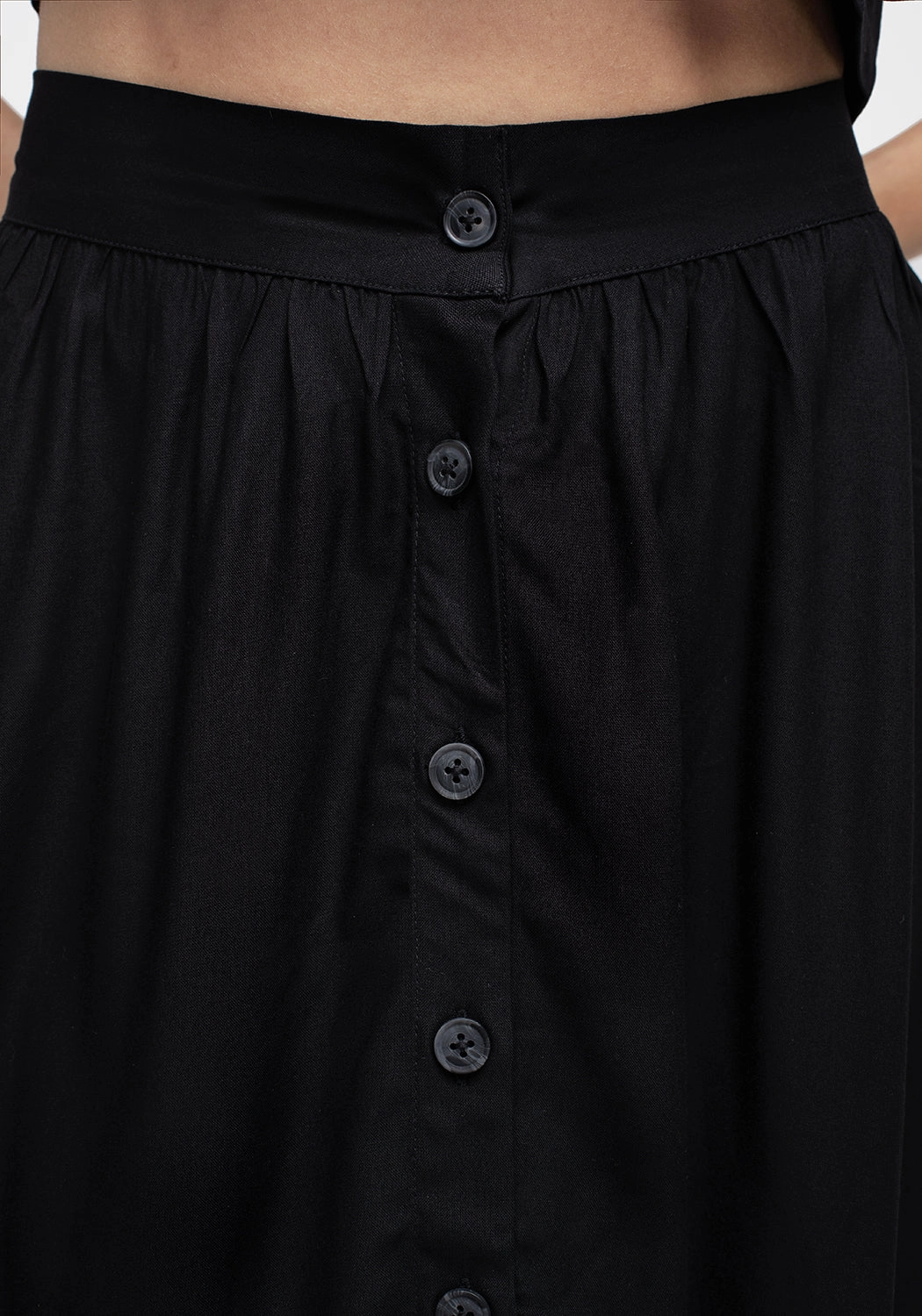 Maidenhair Button Down Midi Skirt - Midnight Black Reinforced Hemline