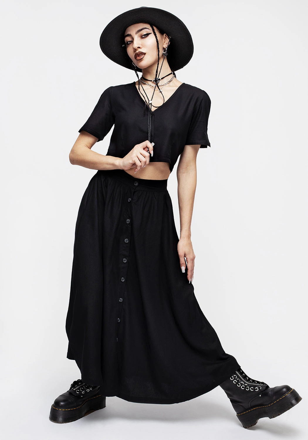 Lined interior Lightweight Lining Maidenhair Button Down Midi Skirt - Midnight Black